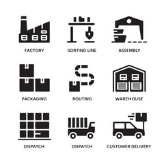 Minimal Black Solid Icon Set – Brain, User, Supply Chain & Logistics Symbols