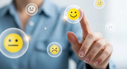 User Interacting with Digital Emotion Icons Representing Feelings and Feedback in a Modern Workspace