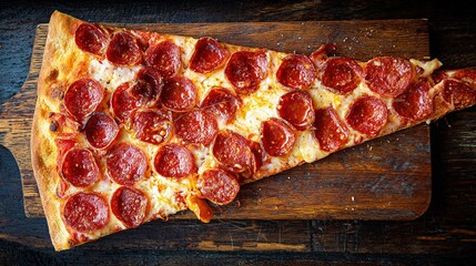 hunger. A delicious pepperoni pizza sits on a rustic wooden board, captured from an overhead angle. representing modern convenience.