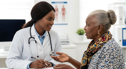 Doctor listens attentively to elderly patient during medical consultation in clinic office