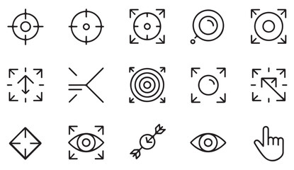 Digital interface icons showing search, aim, movement and interactive elements