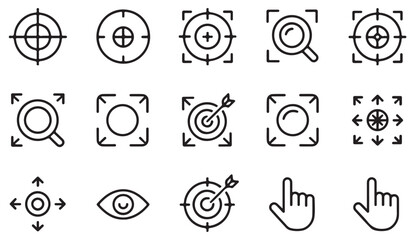 Line icons of focus, zoom, and cursor controls for UI navigation and digital targeting