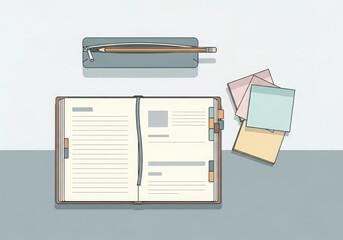 Open planner with pens and sticky notes on desk