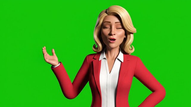 Animated Businesswoman Character Presenting on Green Screen.