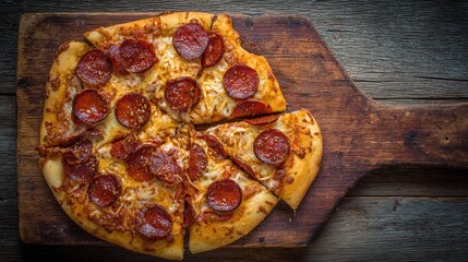 hunger. A delicious pepperoni pizza sits on a rustic wooden board, captured from an overhead angle. representing modern convenience.