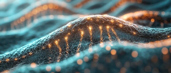 Abstract microscopic cell structure with glowing genetic material in motion and vibrant light particles on a dark background representing biotechnology.