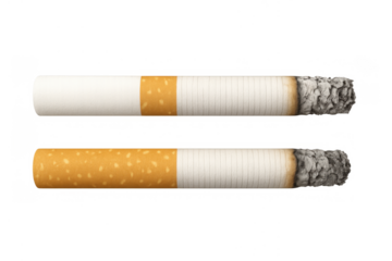 Two burning cigarettes showing ash, symbolizing addiction, bad habit, and harmful health risks, on transparent background