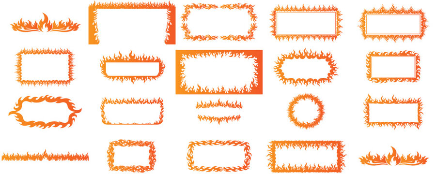 Mega sets of fire frame vector border collection, huge variety burning hot element, dynamic flame graphic template, isolated high impact energy overlay, danger warning, inferno edge