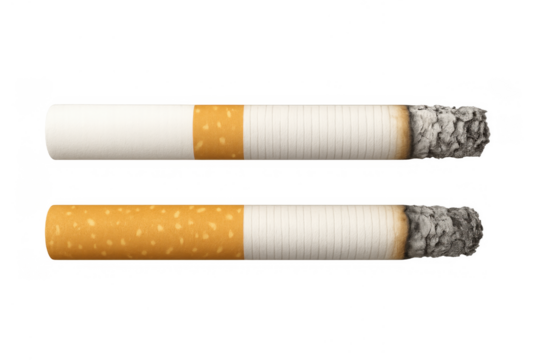 Two burning cigarettes showing ash, symbolizing addiction, bad habit, and harmful health risks, on transparent background