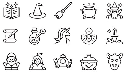 Line icons of fairy tale elements such as witch hat, cauldron, sword and treasure chest