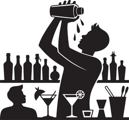 Bartender preparing cocktail drink pouring liquid from shaker behind counter silhouette illustration