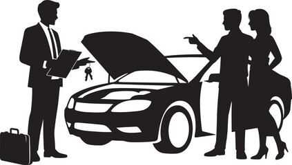 Car salesman talking to couple inspecting vehicle with hood open keys and clipboard silhouette vector