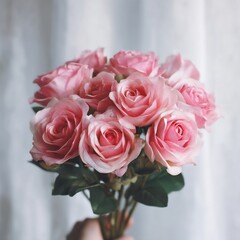 Fototapeta premium Artificial pink roses bouquet for home decor wedding party table centerpiece floral arrangement, pack of one