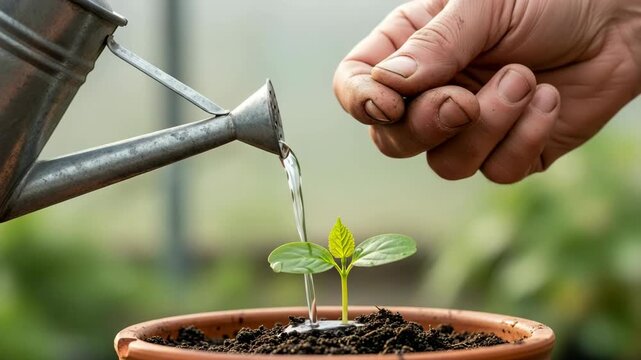 Hand watering a small green seedling in a terracotta pot with a metal watering can Keywords: plant, seedling, growth, watering, hand