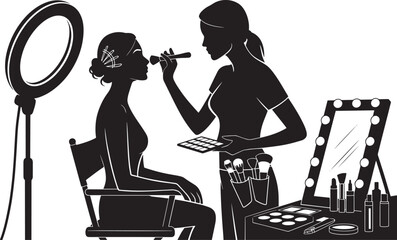 Professional makeup artist applies cosmetic products to client face with brush in beauty salon