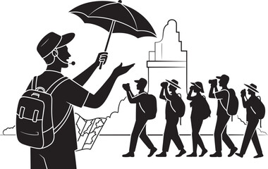 Professional tour guide providing commentary leading travelers group walking during historical city sightseeing exploration trip