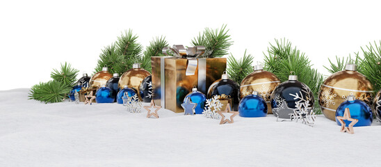 Isolated christmas decorations on snow. Golden and blue shiny baubles, ornaments, gifts and glossy stars. 3D rendering