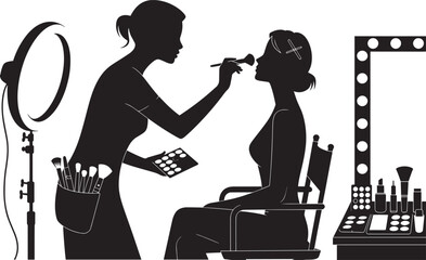 Silhouette professional makeup artist applying cosmetic products to client face with brush
