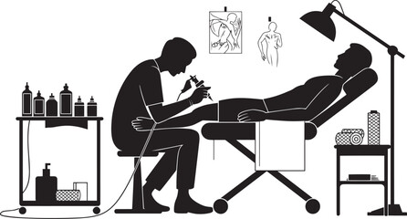 Tattoo artist creating permanent body art design on customer leg client lying on procedure couch in professional studio