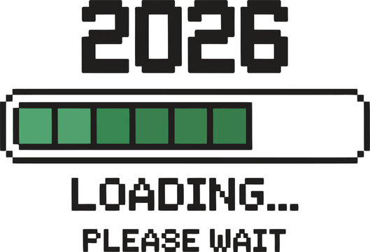 2026 Loading Please Wait Pixel Progress Bar &ndash; Retro New Year Graphic