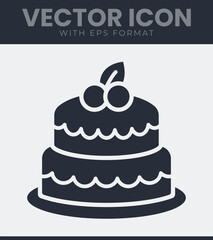 Two tiered celebration cake vector icon with cherry topping, perfect for bakery, party and festive event designs, minimal flat style