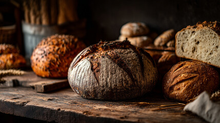 A rustic display of assorted breads on a wooden surface in a dimly lit bakery setting with wheat stalks