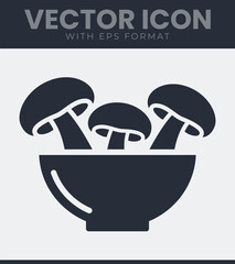 Flat design vector icon of fresh mushrooms in a bowl, representing healthy food, cooking ingredients and kitchen elements