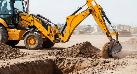 Yellow backhoe loader digging a trench in a dusty construction site