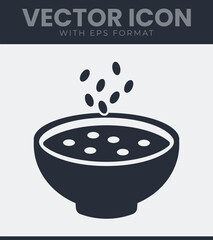 Vector illustration icon of a bowl with liquid contents and round particles being added, representing a meal, breakfast, cooking or preparation