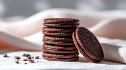 A stack of chocolate sandwich cookies with chocolate chips on a white cloth background