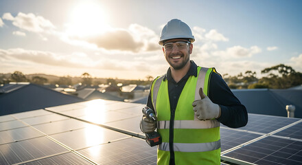 Smiling solar panel installer in safety vest and hard hat on rooftop