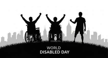Silhouetted Figures Celebrating World Disabled Day with Cityscape Backdrop