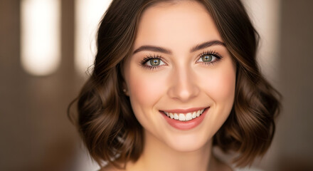 Close up portrait of a young woman with a warm smile and bright eyes