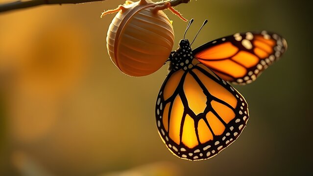 chrysalis. A monarch butterfly emerging from its chrysalis, captured in golden light with a dreamy background. wildlife magazines, conservation campaigns, designed for eco-tourism storytelling.