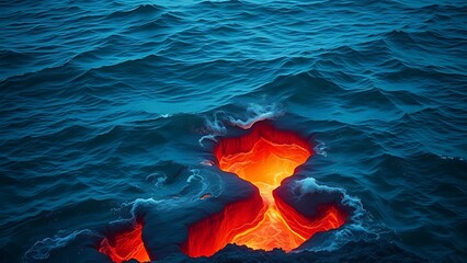 subsurface. Deep blue ocean waves with glowing cracks beneath the surface, hinting at volcanic activity. ESG reports, sustainability campaigns, designed for environmental awareness campaigns.