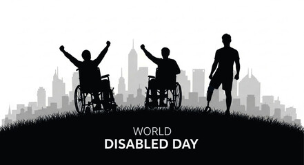 Silhouette of Three People Celebrating World Disabled Day with Cityscape Background