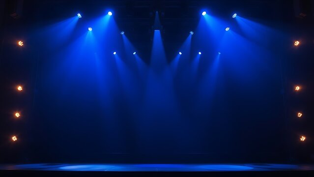 decibel. Concert stage with dramatic blue spotlight effect and atmospheric glow. event programs, museum guides, designed for cultural heritage projects and event programs, preserves heritage.