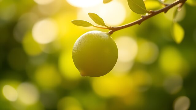 sudachi. A fresh sudachi lime on a branch against a blurred green background, morning sunlight. bar promotions, beverage menus, designed for product packaging and bar promotions. - Powered by Adobe