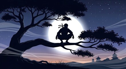 Mysterious ninja crouches on a tree branch under a full moon, silhouetted against a serene night sky with traditional Japanese architecture in the distance