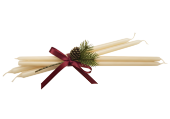 Elegant taper candles tied with a burgundy ribbon, adorned with pine, perfect for holiday decor and festive celebrations