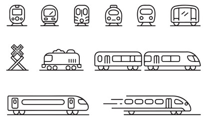 Line icons of subway, cargo and passenger trains for transit and travel infographics