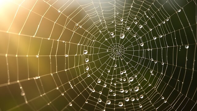 dismembering. A spider web with morning dew drops, backlit by soft sunlight. wildlife magazines, conservation campaigns, designed for eco-tourism storytelling, used by chefs.