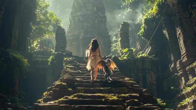 young adventurer girl leading a small dragon through ancient ruins, mossy stones, mysterious atmosphere