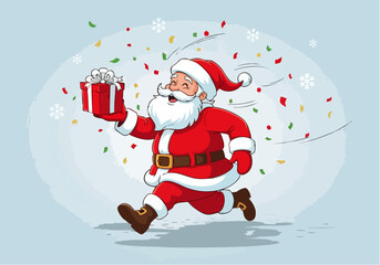 Animated Santa Claus running with a wrapped gift, surrounded by confetti and snowflakes.