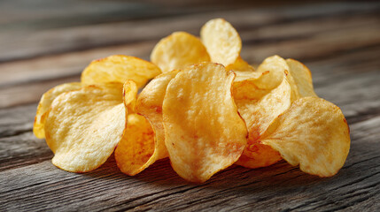 A close up shot of a pile of potato chips on a wooden surface with natural light illuminating the chips
