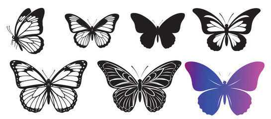 Set of butterflies vector collection, isolated insect graphic, decorative animal element, nature spring design, elegance symbol, variety silhouette illustration, summer pattern