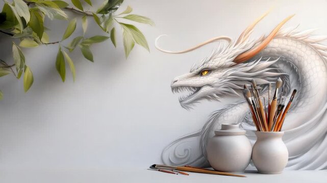 Painting a wall with a giant dragon, scattered brushes and paints on the floor, creative collaboration concept, artistic teamwork and fantasy street art illustration