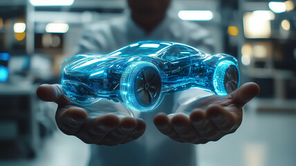 Engineer holding modern smart car hologram in his hands. Man using blue car interface. Generative ai