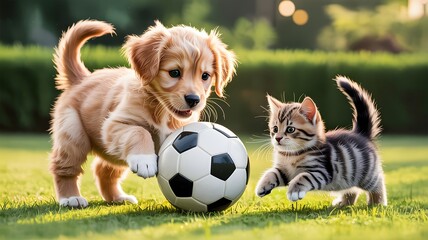 Adorable golden retriever puppy and playful tabby kitten enjoying a soccer ball outdoors