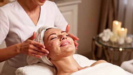 A woman enjoys a facial massage, relaxation and skincare combine in a serene spa setting, candlelight adds a warm, tranquil atmosphere perfect for self-care